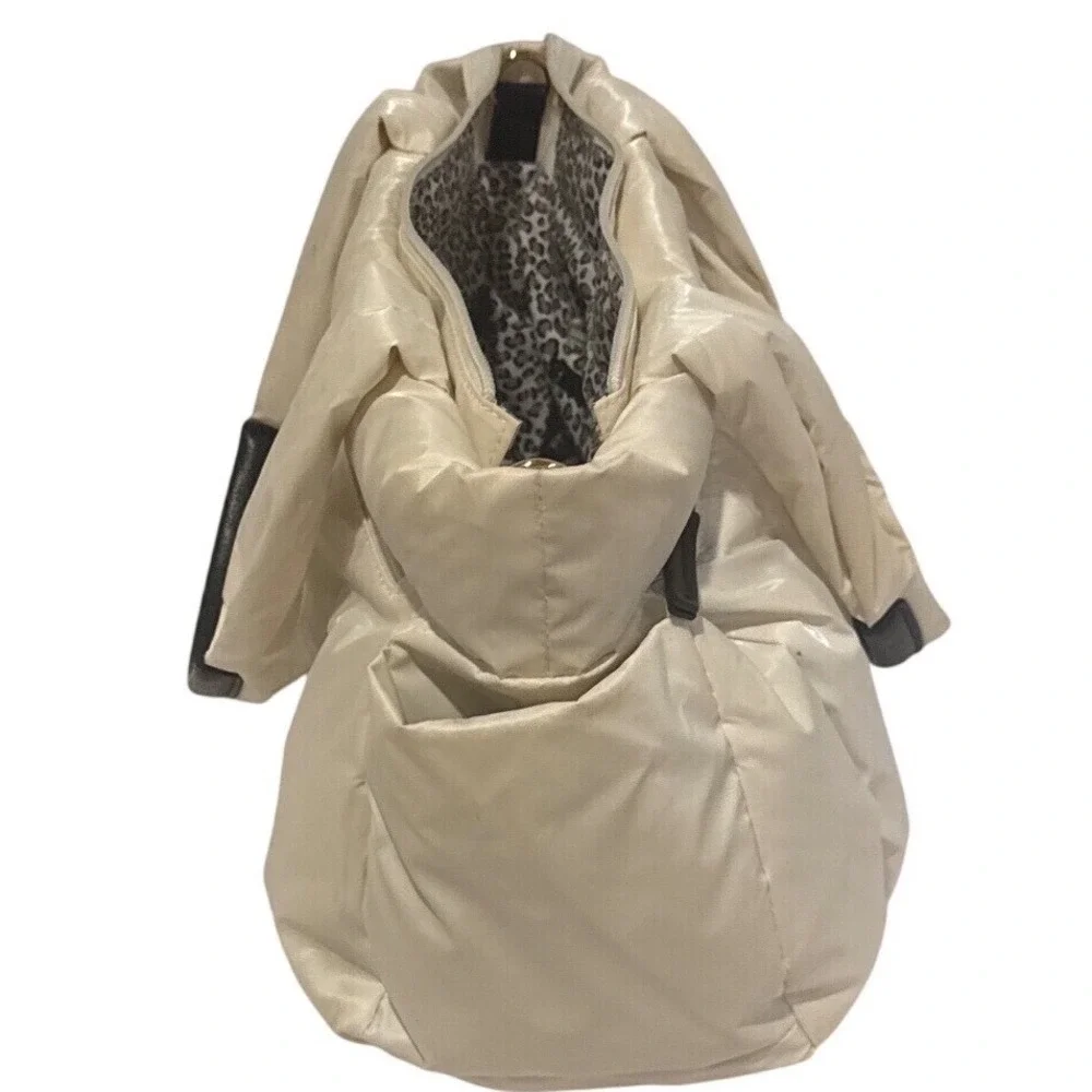 Sondra Roberts Squared Cream Puffer Tote Bag Leopard Lining Travel Sporty Chic